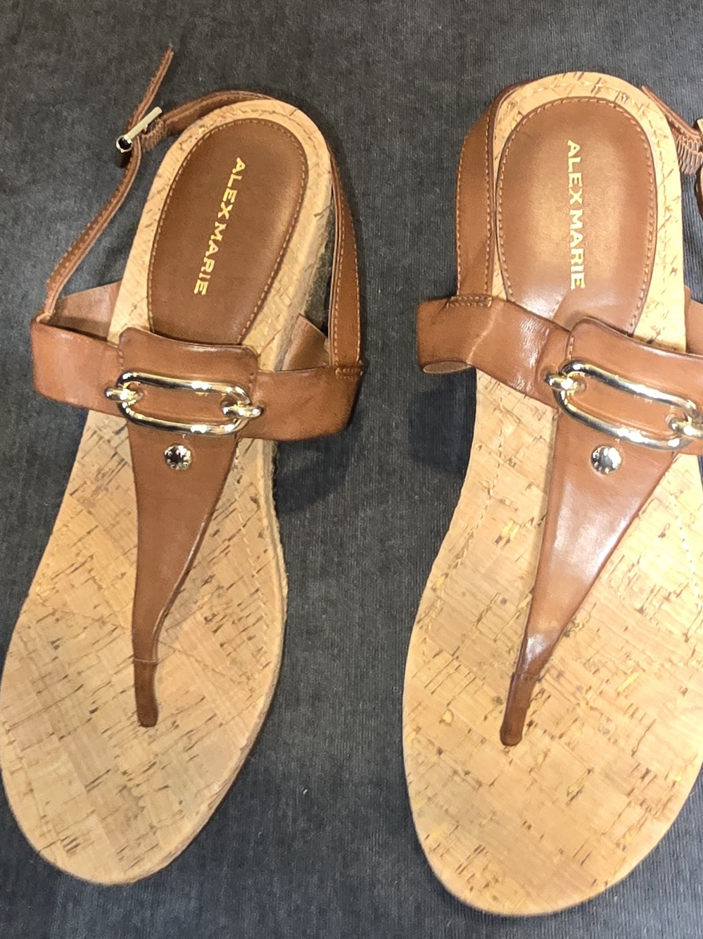 Alex Marie Cork Espadrille T-Strap Wedge Sandals Cognac Tan 10M